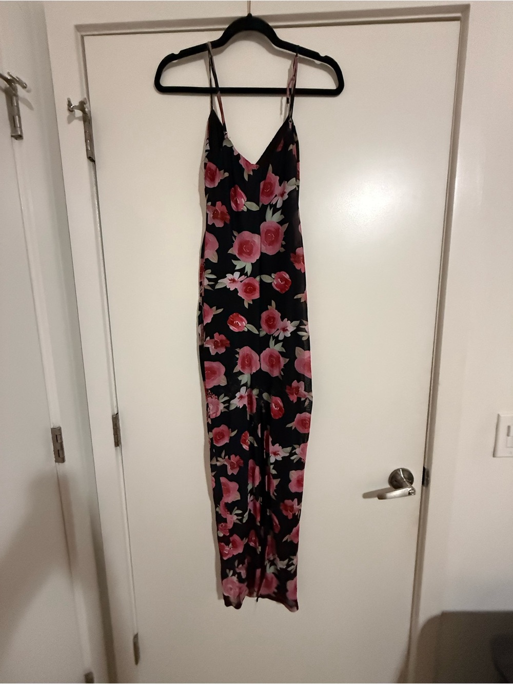 White Fox Boutique Black Maxi Dress with Pink Floral Print